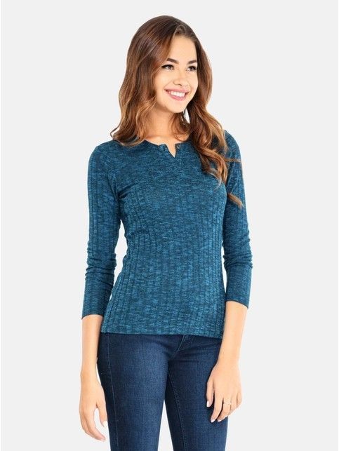 Teksturowane sweter z przyciskiem na szyi LD 676